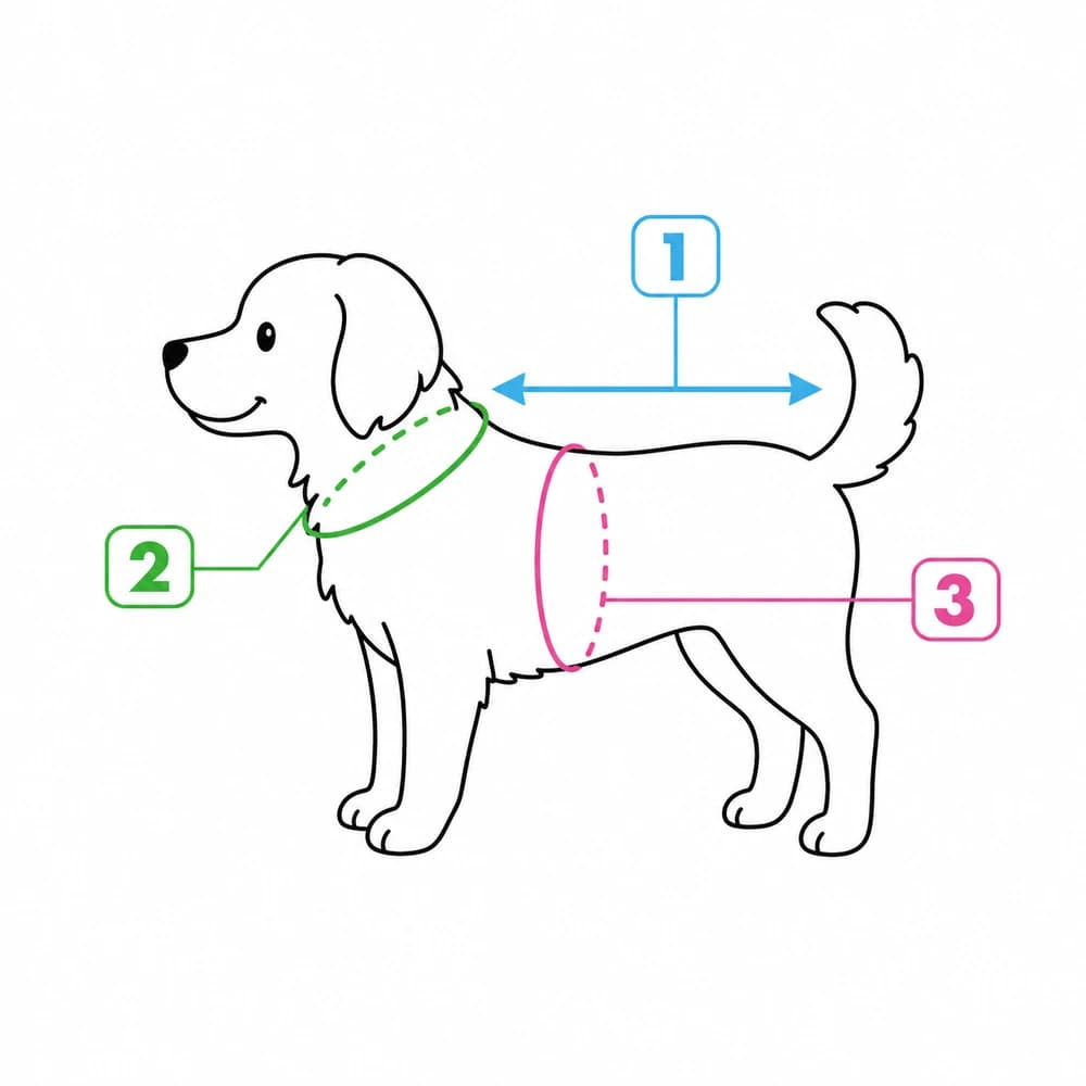 犬服を選ぶための測定位置。1は首の付け根からしっぽの付け根までの着丈、2は首の付け根の首まわり、3は前足後ろの胴まわり。